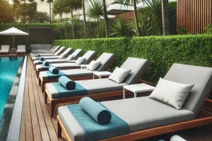 DALL·E 2024-11-20 12.18.34 - A luxurious outdoor poolside setting with modern lounge chairs arranged neatly on a wooden deck. The chairs have white cushions and are accompanied by